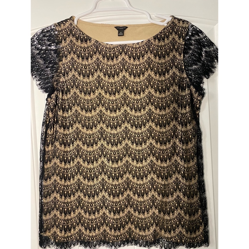 Ann Taylor Black Lace with Tan Underlay Blouse